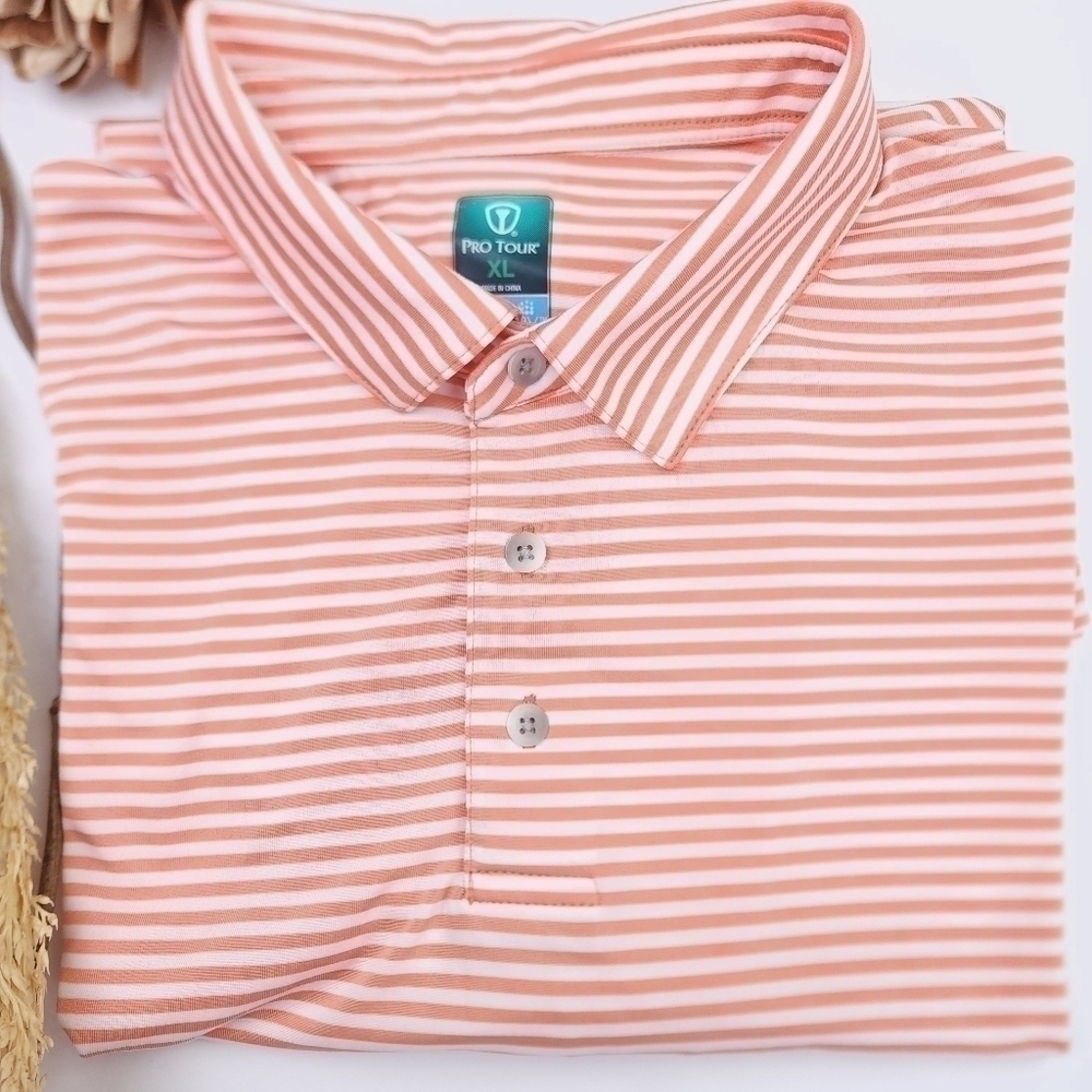 New Pro Tour Peach Orange White Stripe Short Sleeve Golf Polo Sz XL